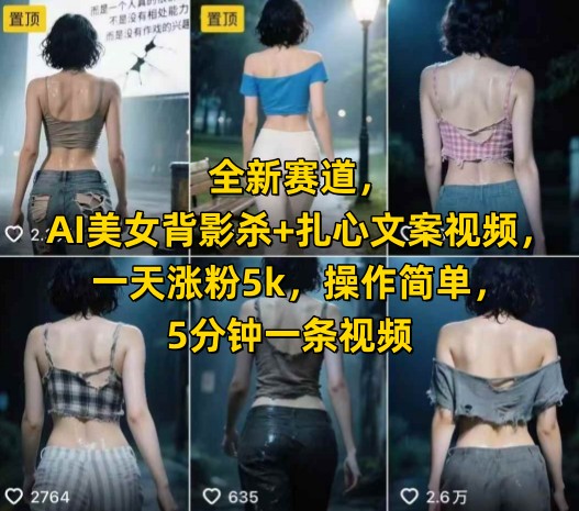 全新赛道，AI美女背影杀+扎心文案视频，一天涨粉5k，操作简单，5分钟一条视频-财兔窝项目网