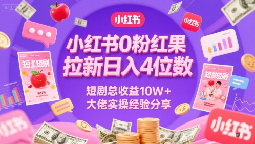 小红书0粉红果短剧拉新日入4位，数短剧总收益10W+大佬实操经验分享-财兔窝项目网