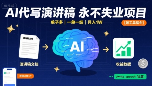 AI代写演讲稿，永不失业项目，单子多，一单一结，月入1W【附工具指令】-财兔窝项目网