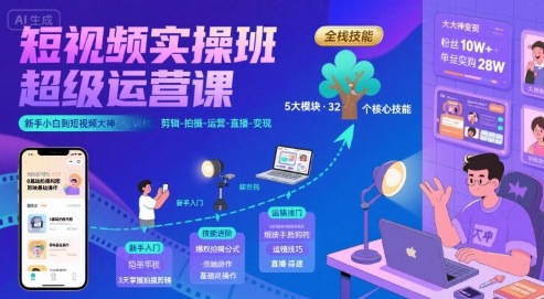 短视频实操班超级运营课，新手小白到短视频大神必修课程，剪辑-拍摄-运营-直播-变现-财兔窝项目网