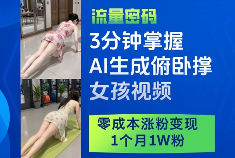 3分钟掌握AI生成俯卧撑女孩视频，零成本涨粉变现，1个月1W粉-财兔窝项目网