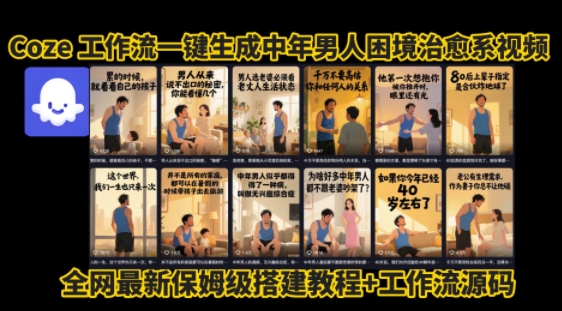 coze工作流一键生成”中年男人困境扎心高涨粉高播放量图文视频”保姆级拆解教程，无需剪辑，无需拍摄写文案-财兔窝项目网