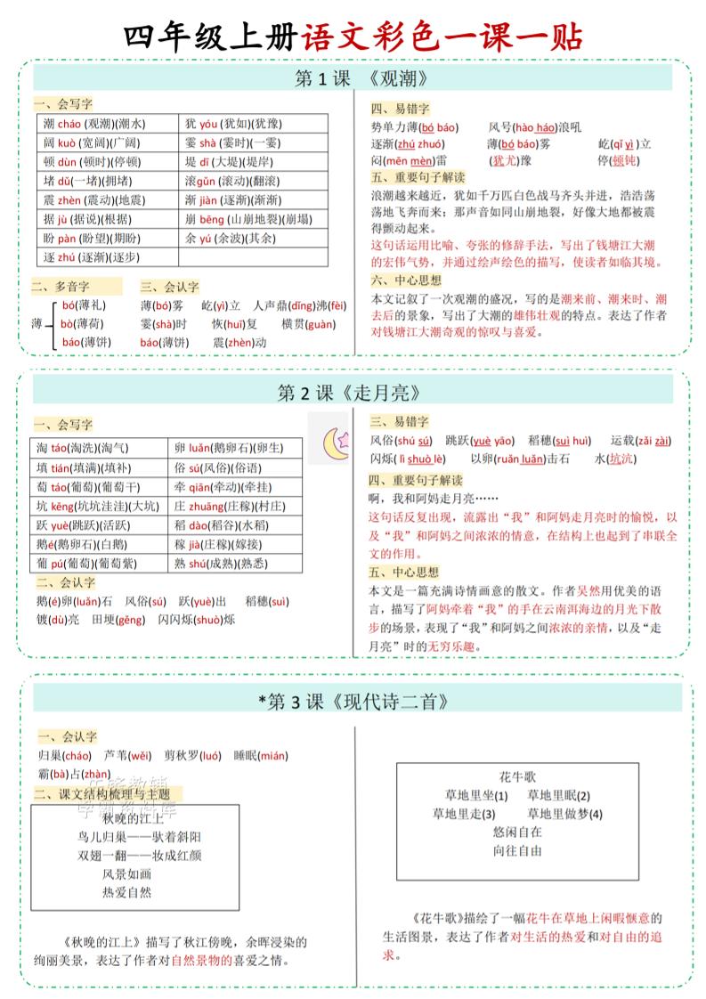 四年级上语文彩色一课一贴-财兔窝项目网