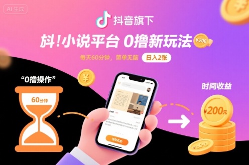 抖音旗下小说平台0撸新玩法，每天挂G60分钟，简单无脑，日入2张【揭秘】-财兔窝项目网