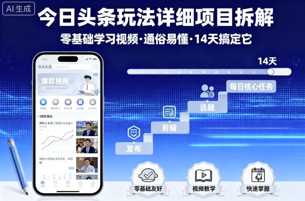 今日头条玩法详细项目拆解，零基础学习视频 通俗易懂 14天搞定它-财兔窝项目网