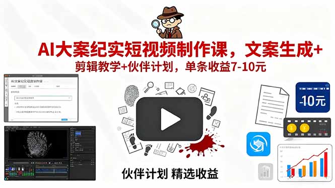 AI大案纪实短视频制作课，文案生成+剪辑教学+伙伴计划，单条收益7-10元-财兔窝项目网