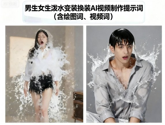 男生女生泼水变装换装AI视频制作提示词(含绘图词、视频词)-财兔窝项目网