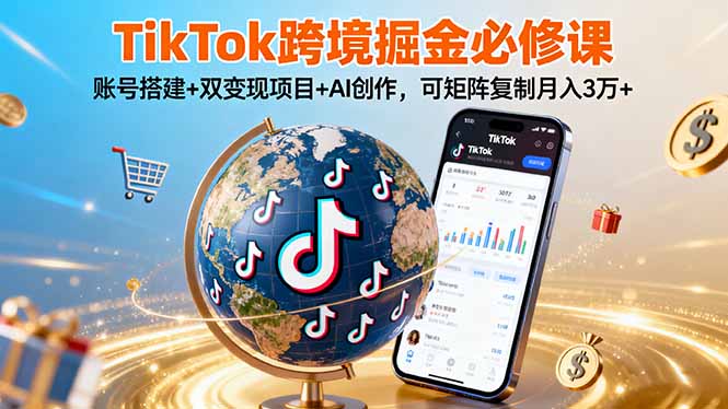 TikTo跨境掘金必修课，账号搭建+双变现项目+AI创作，可矩阵复制月入3万+-财兔窝项目网