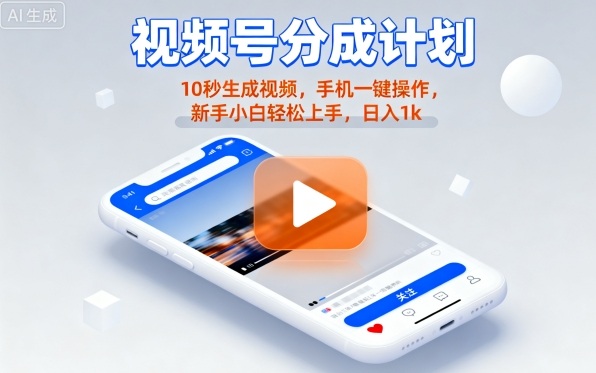 视频号分成计划懒人玩法，10秒生成视频，手机一键操作，新手小白轻松上手，日入1K【揭秘】-财兔窝项目网