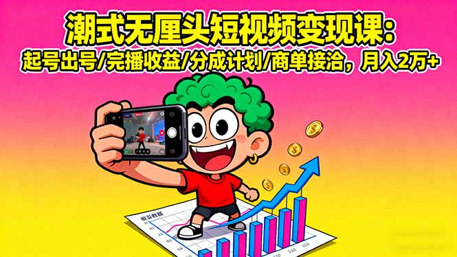 潮式无厘头短视频变现课：起号出号/完播收益/分成计划/商单接洽，月入2万+-财兔窝项目网