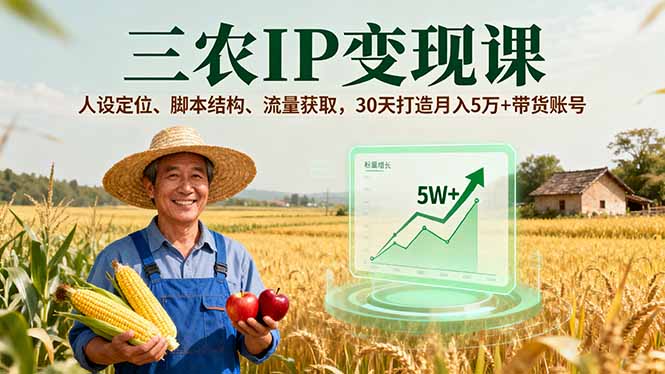三农IP变现课，人设定位、脚本结构、流量获取，30天打造月入5万+带货账号-财兔窝项目网