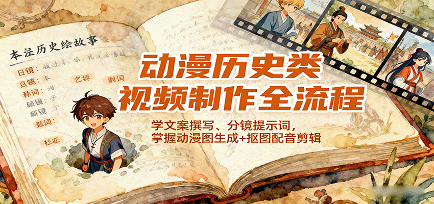 动漫历史类视频制作全流程，学文案撰写、分镜提示词，掌握动漫图生成+抠图配音剪辑-财兔窝项目网
