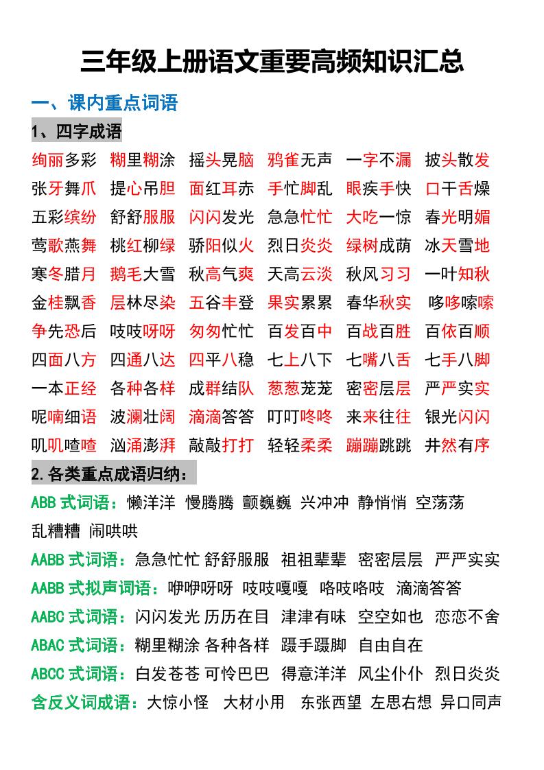 三年级上册语文重要高频知识汇总-财兔窝项目网