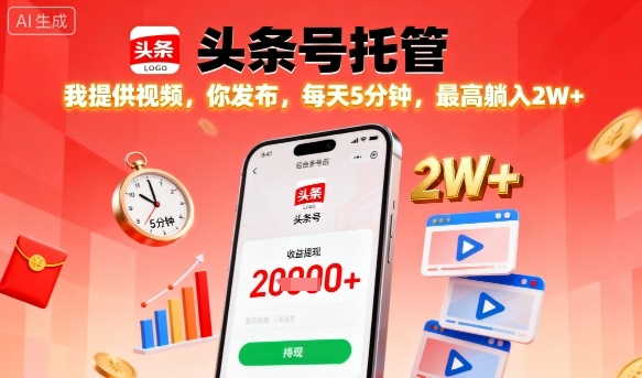 【头条号托管】我提供视频，你发布，每天5分钟，最高躺入2W+【揭秘】-财兔窝项目网