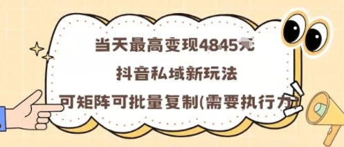 当天最高变现1k+，抖音私域新玩法，可矩阵可批量复制-财兔窝项目网