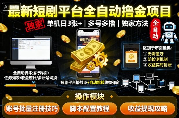 最新短剧平台全自动挂G撸金项目，单机一天3张+，多号多撸，区别于市面所有挂机项目，独家方法【揭秘】-财兔窝项目网