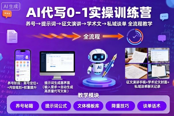 AI代写0-1实操训练营，从养号、提示词、征文演讲、学术文，到私域谈单的全流程教学-财兔窝项目网