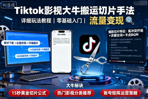Tiktok影视大牛搬运切片手法，详细玩法教程-财兔窝项目网
