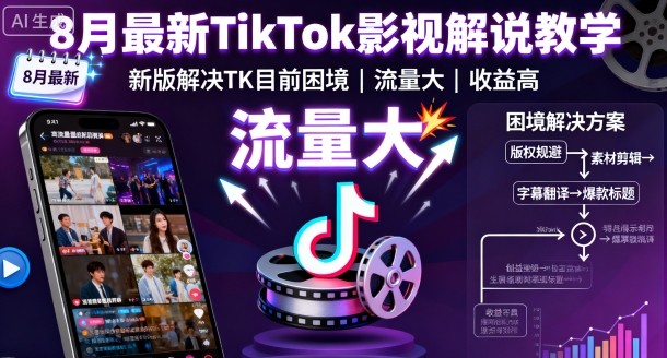 8月最新TikTok影视解说教学，新版解决TK目前困境，流量大，收益高-财兔窝项目网