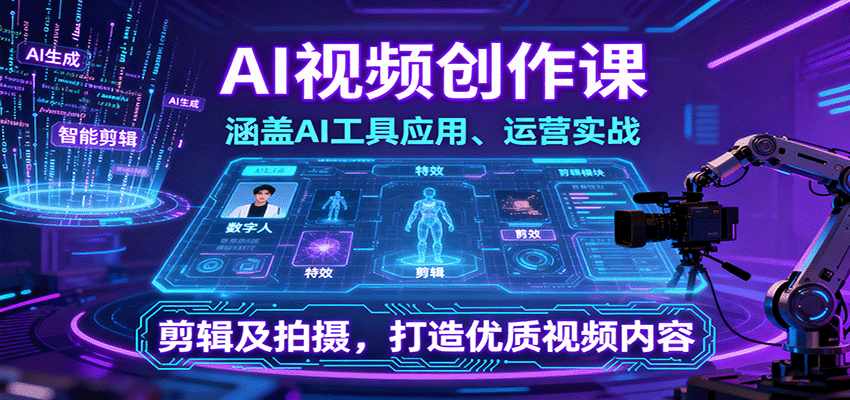 AI视频创作课，涵盖AI工具应用、运营实战、剪辑及拍摄，打造优质视频内容-财兔窝项目网