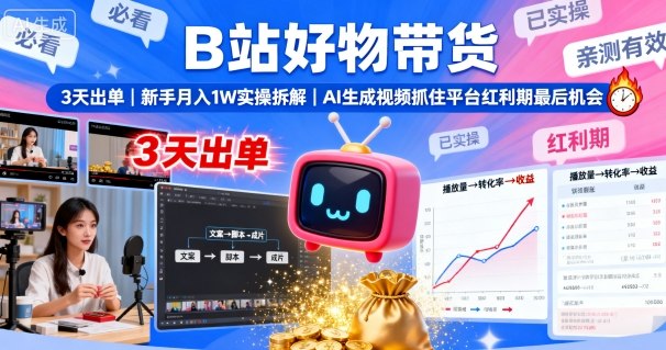 B站好物带货，3天出单，新手月入1W实操拆解，AI生成视频，抓住平台红利期最后机会-财兔窝项目网