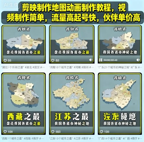 剪映制作地图动画制作教程，视频制作简单，流量高起号快，伙伴单价高-财兔窝项目网
