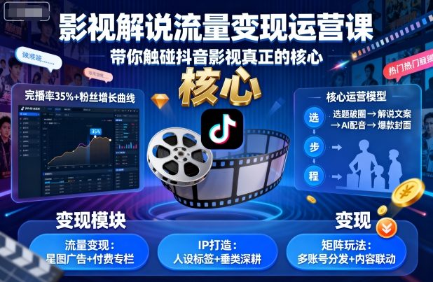 影视解说流量变现运营课，带你触碰抖音影视真正的核心-财兔窝项目网