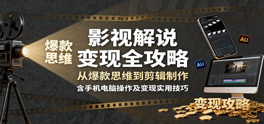 影视解说变现全攻略：从爆款思维到剪辑制作，含手机电脑操作及变现实用技巧-财兔窝项目网