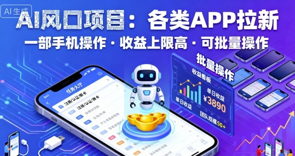 AI风口项目，各类APP拉新，一部手机就可以操作，收益上限高，可批量操作-财兔窝项目网