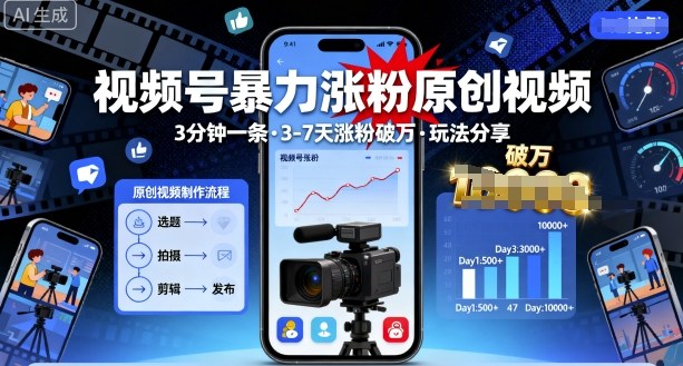 视频号暴力涨粉原创视频，3分钟一条原创视频，3-7天涨粉破万，玩法分享给你-财兔窝项目网