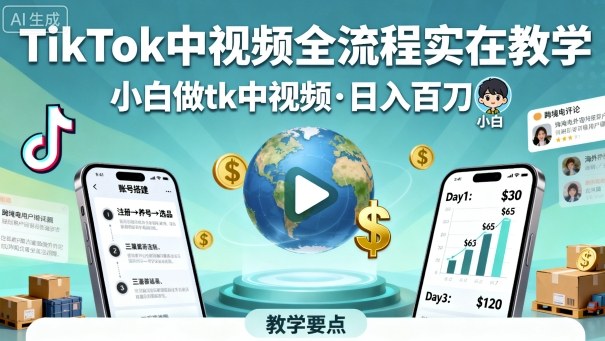 TikTok中视频全流程实操教学，小白做tk中视频，日入百刀-财兔窝项目网