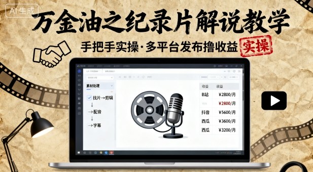 万金油之纪录片解说教学，手把手教你，完全实操，多平台发布撸收益-财兔窝项目网
