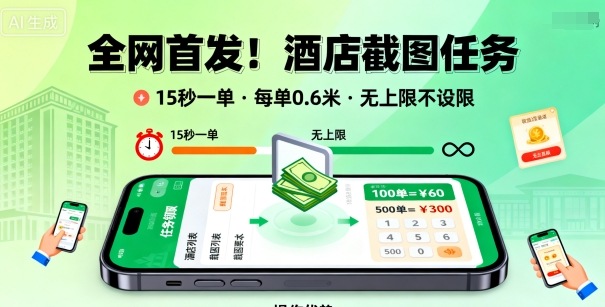 全网首发！酒店截图任务，15秒一单，每单0.6米，任务无上限不设限，矩阵操作单日3张到手【揭秘】-财兔窝项目网