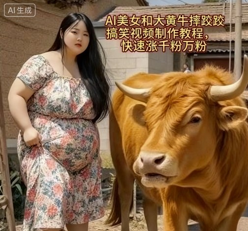 AI美女和大黄牛摔跤搞笑荒诞视频制作教程，快速涨千粉万粉-财兔窝项目网