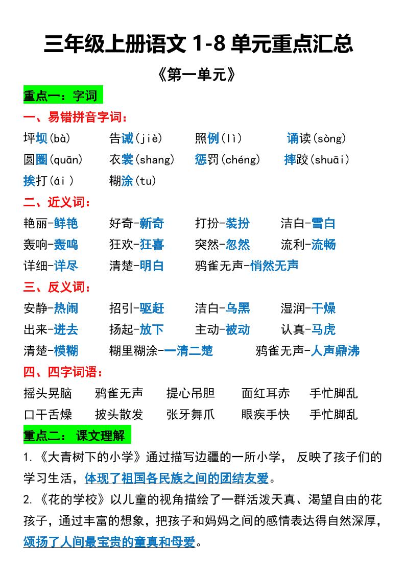 三年级上册语文1-8单元重点汇总-财兔窝项目网