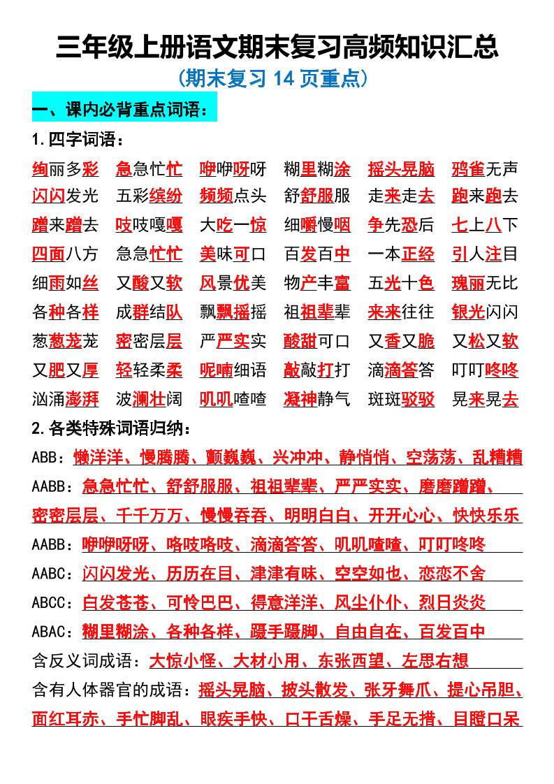 三年级上册语文期末复习高频知识汇总-财兔窝项目网