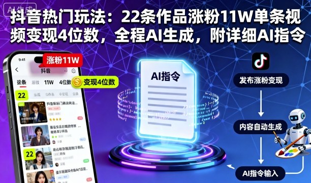 抖音热门玩法：22条作品涨粉11W单条视频变现4位数，全程AI生成，附详细AI指令-财兔窝项目网