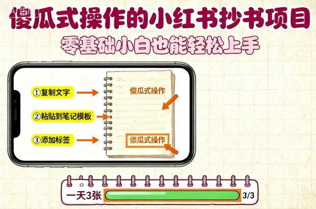傻瓜式操作的小红书抄书项目，会复制粘贴就行，零基础小白也能一天3张-财兔窝项目网