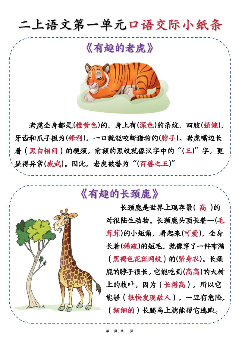 新二上语文第一单元《有趣的动物》口语交际小纸条（含空白14页）-财兔窝项目网