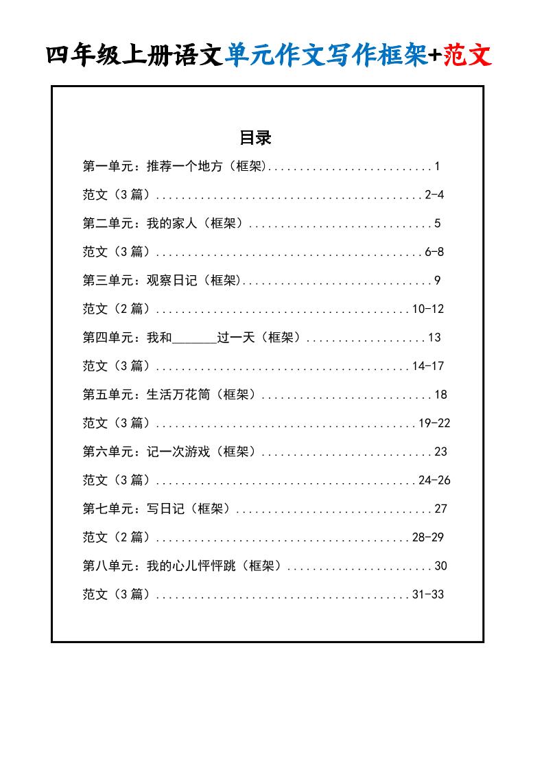 四上语文1-8单元作文写作框架+范文34页-财兔窝项目网