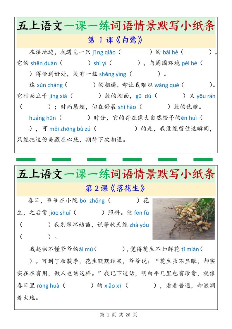 五上语文一课一练词语情景默写小纸条（含答案26页）-财兔窝项目网