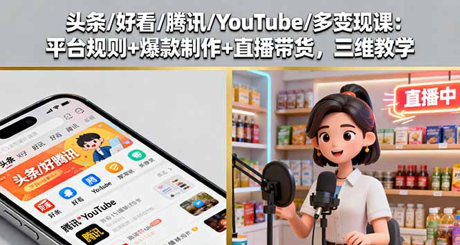 头条/好看/腾讯/YouTube/多变现课：平台规则+爆款制作+直播带货，三维教学-财兔窝项目网