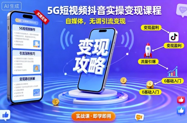 5G短视频抖音实操变现课程，自媒体，无谓引流变现-财兔窝项目网