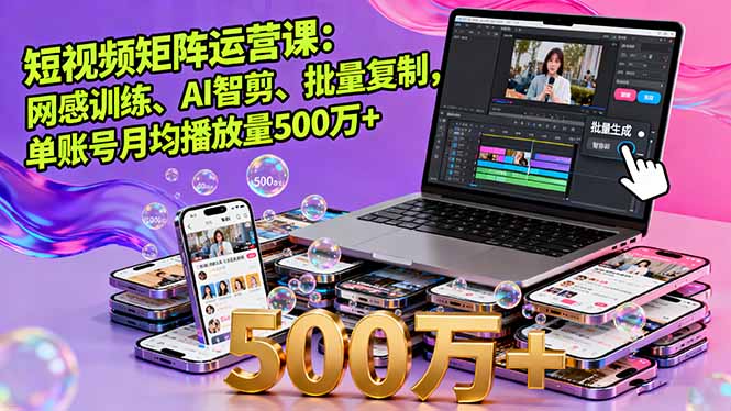 短视频矩阵运营课：网感训练、AI智剪、批量复制，单账号月均播放量500万+-财兔窝项目网