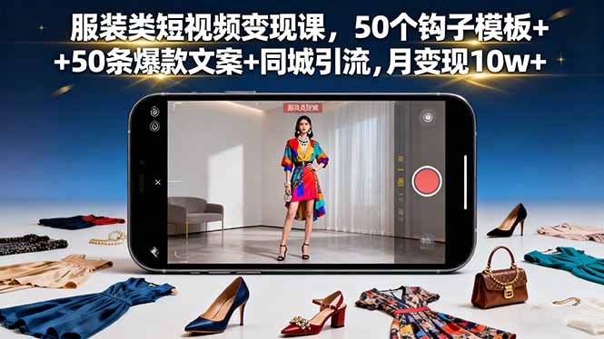 服装类短视频变现课，50个钩子模板+50条爆款文案+同城引流，月变现10w+-财兔窝项目网