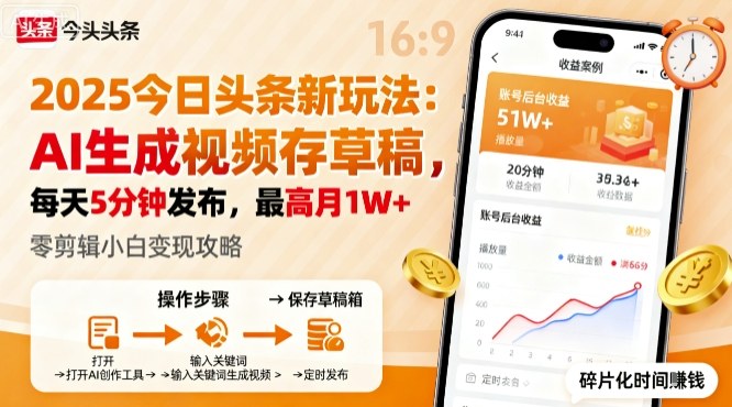 2025年今日头条躺賺新玩法，AI生成视频存草稿，每天5分钟发布，最高月1W+【揭秘】-财兔窝项目网
