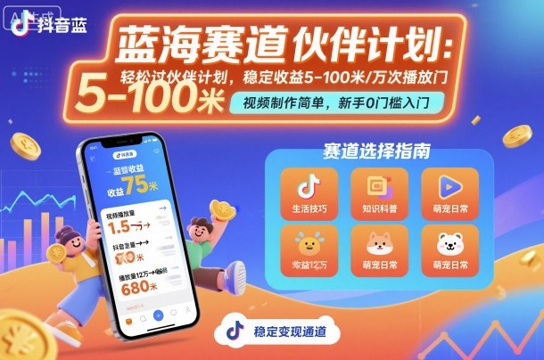 抖音蓝海赛道，轻松过伙伴计划，视频制作简单，万次播放收益在5-100米，稳定收益-财兔窝项目网