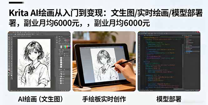 Krita AI绘画从入门到变现：文生图/实时绘画/模型部署，副业月均6000元-财兔窝项目网