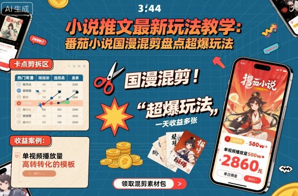 小说推文最新玩法教学，番茄小说国漫混剪盘点超爆玩法，全程干货，一天收益多张-财兔窝项目网