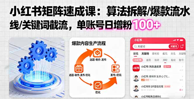 小红书矩阵起号速成课：算法拆解/爆款流水线/关键词截流 单账号日增粉100+-财兔窝项目网